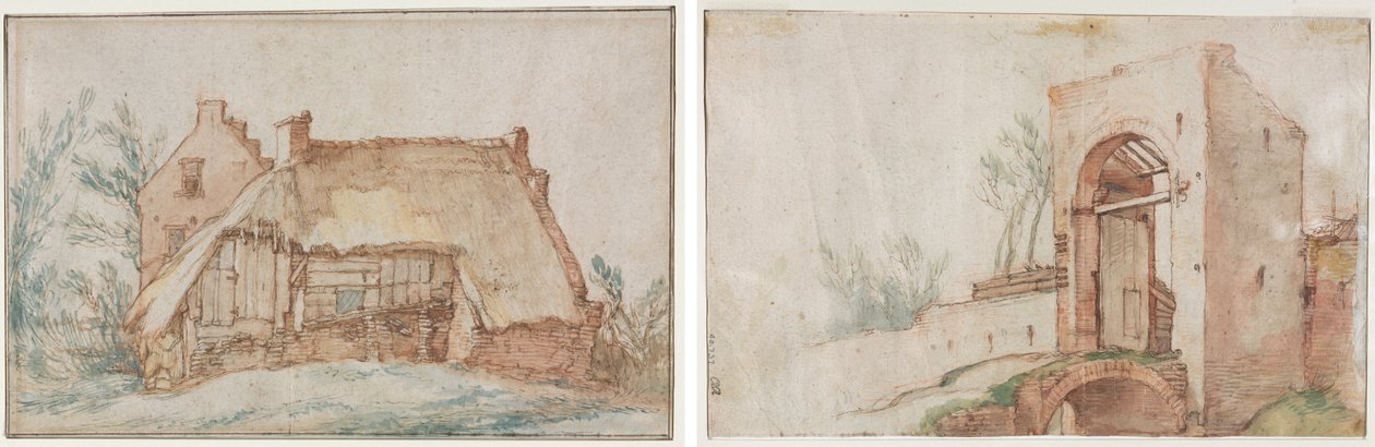 Bondehytte (recto); Bro og port (verso) af Abraham Bloemaert