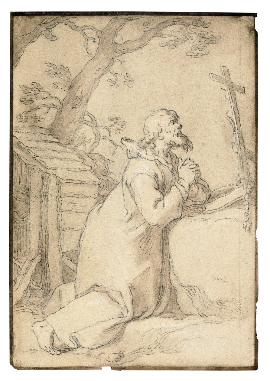 Sankt Paul af Phermae knæler i bøn foran et krucifiks (sort kridt, pen og brunt blæk, brun vask) af Abraham Bloemaert