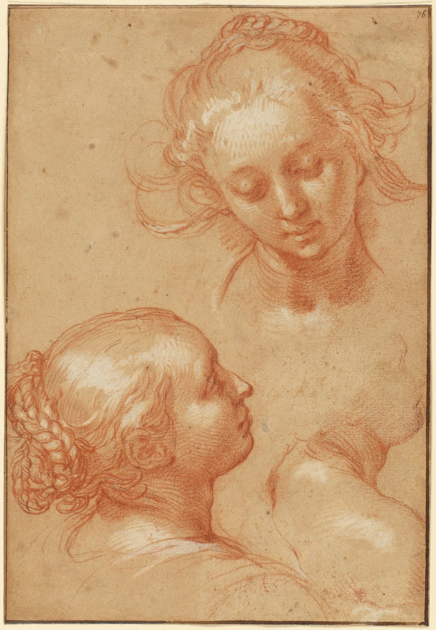 Tre studier af kvinder (recto); fire studier af hænder og et modbillede af en knælende ung mand (verso) af Abraham Bloemaert