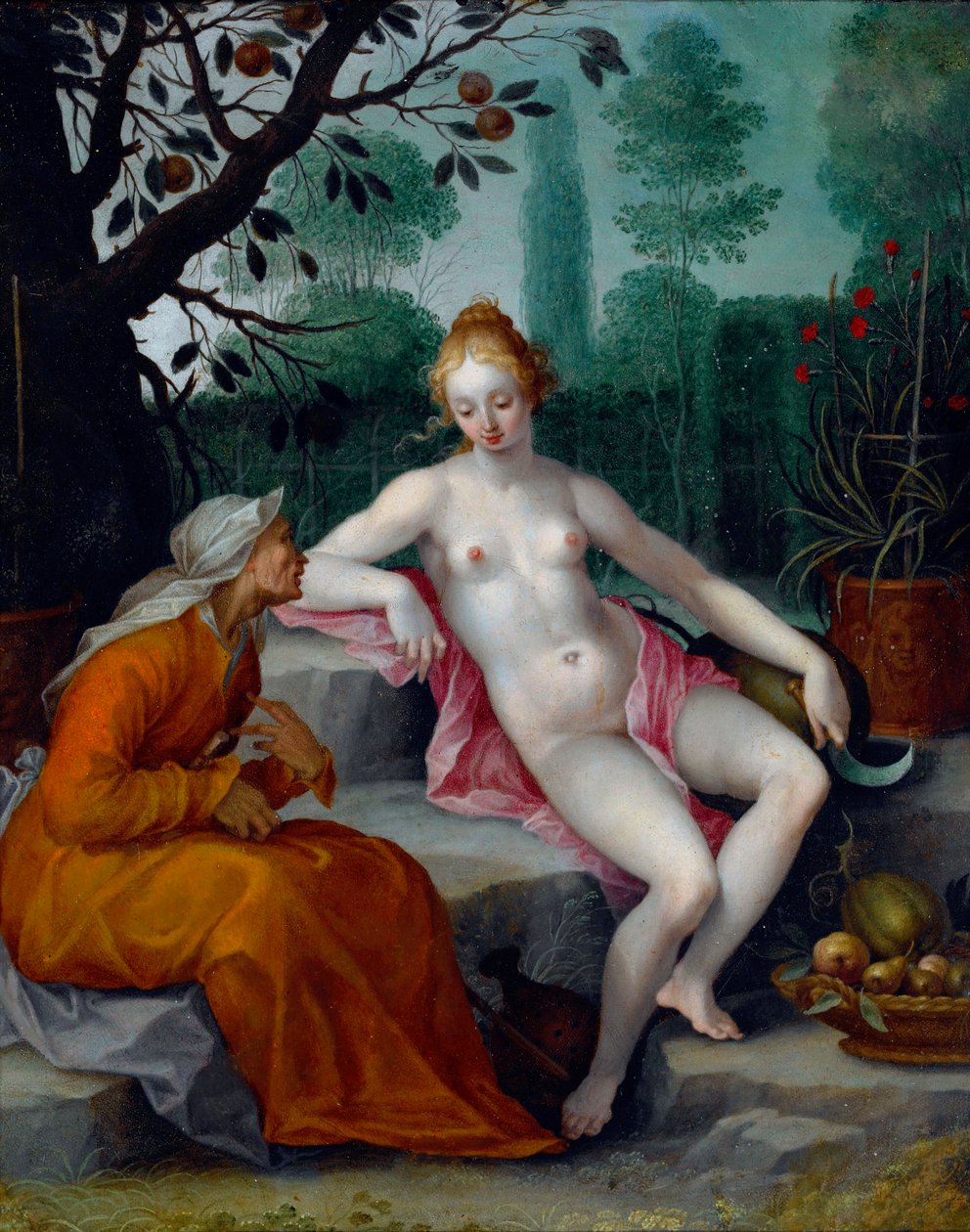Vertumnus og Pomona (årstidernes gud forklæder sig som en gammel kvinde for at få adgang til nymfens frugthave) - Maleri af Abraham Bloemaert (1566-1651), olie på kobber, ca. 1605 - (Vertumnus og Pomona, af Abraham Bloemaert, olie på kobber, c1605) af Abraham Bloemaert