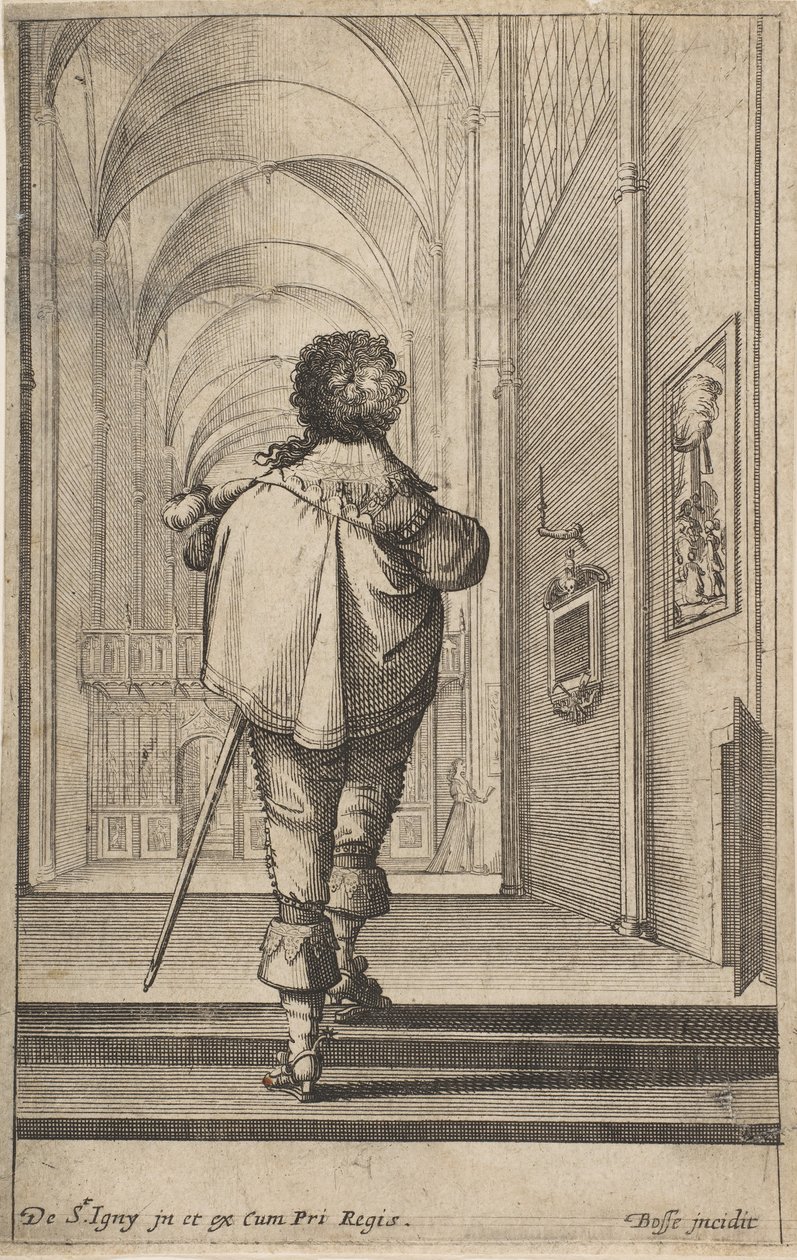 En herre set bagfra gå ind i en kirke, ca. 1629. af Abraham Bosse