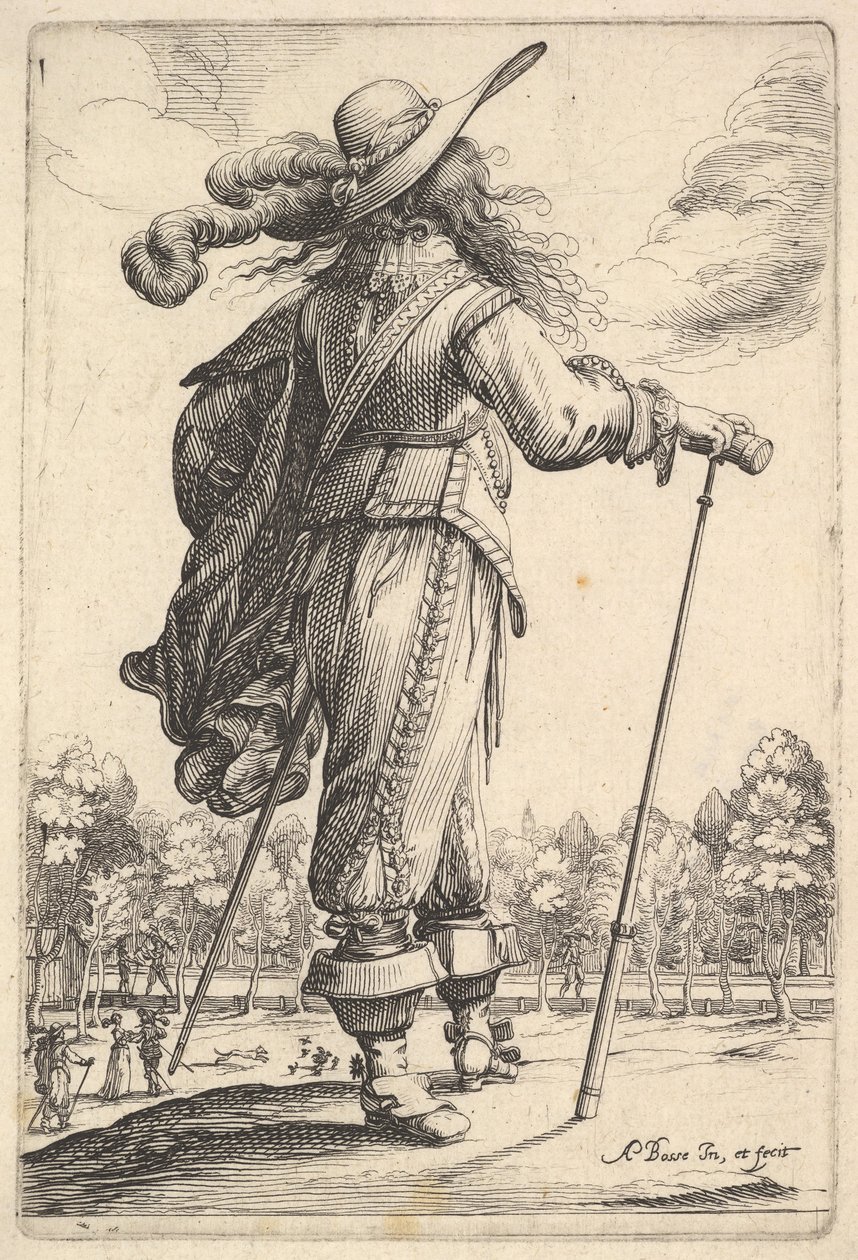 En herre, set bagfra, gående mod højre med en stok og iført en plymer..., 1629. af Abraham Bosse