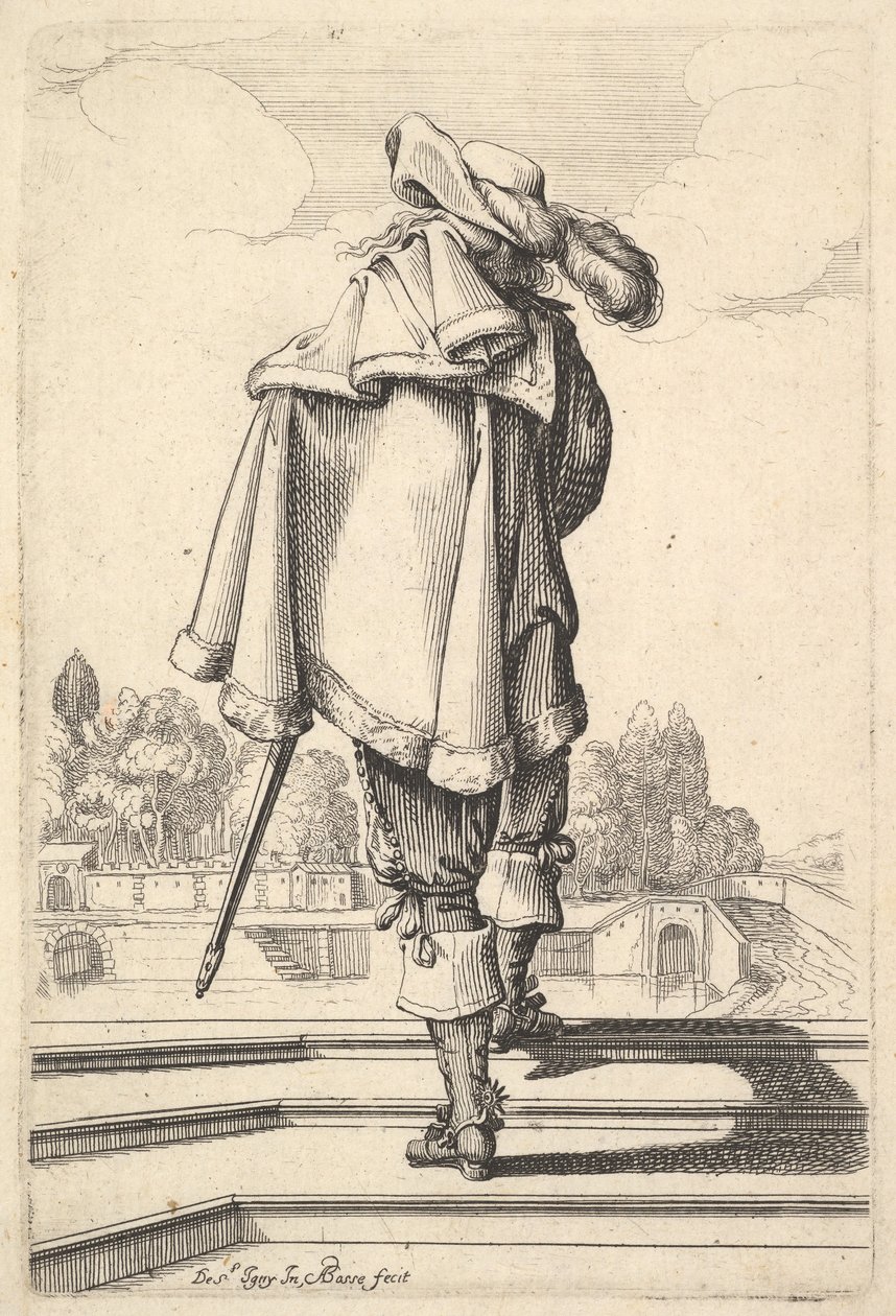En herre, set bagfra, gående op ad en brystning, med en kappe over venstre skulder..., 1629. af Abraham Bosse