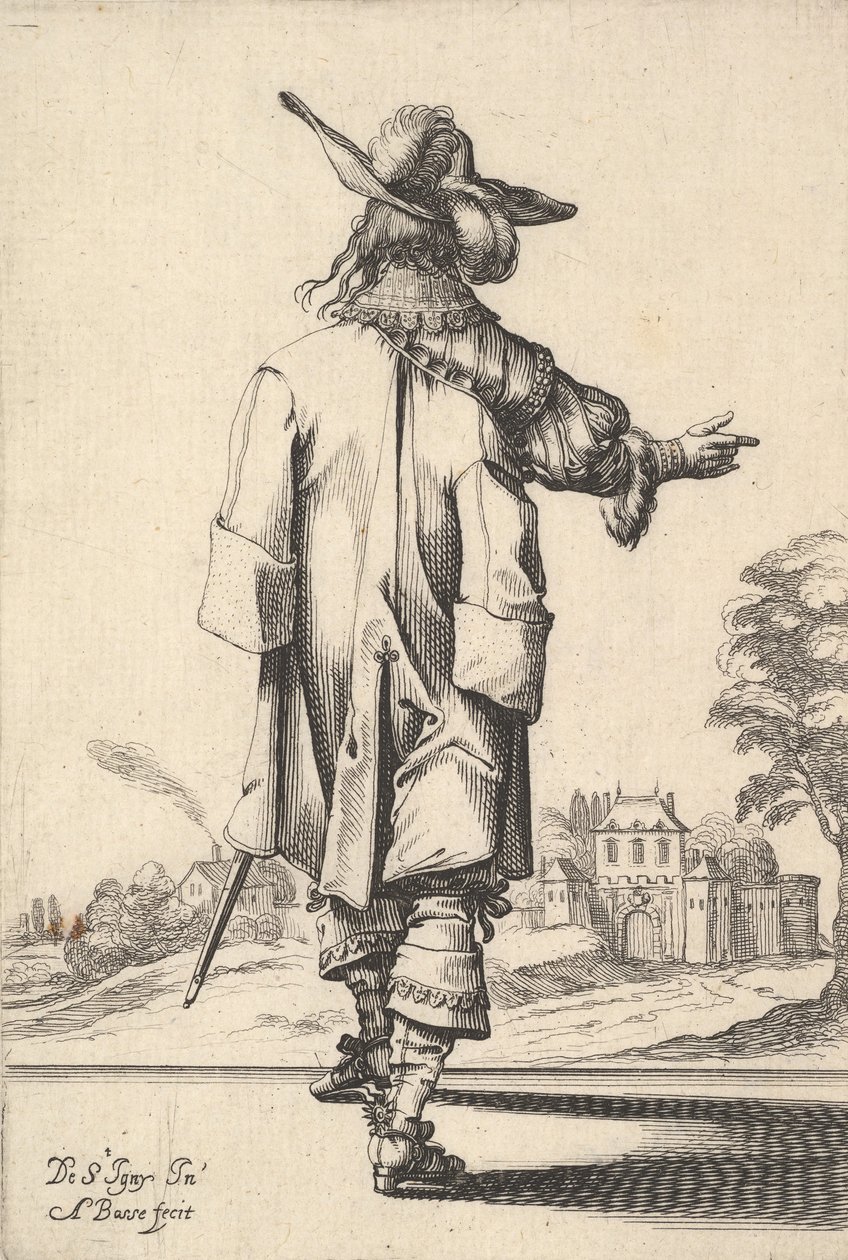 En herre, set bagfra, med højre arm udstrakt og en kappe over venstre s..., 1629. af Abraham Bosse