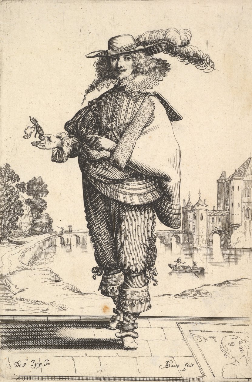 En herre stående foran et stort slot og iført en plymerhat og en blondekrave..., 1629. af Abraham Bosse
