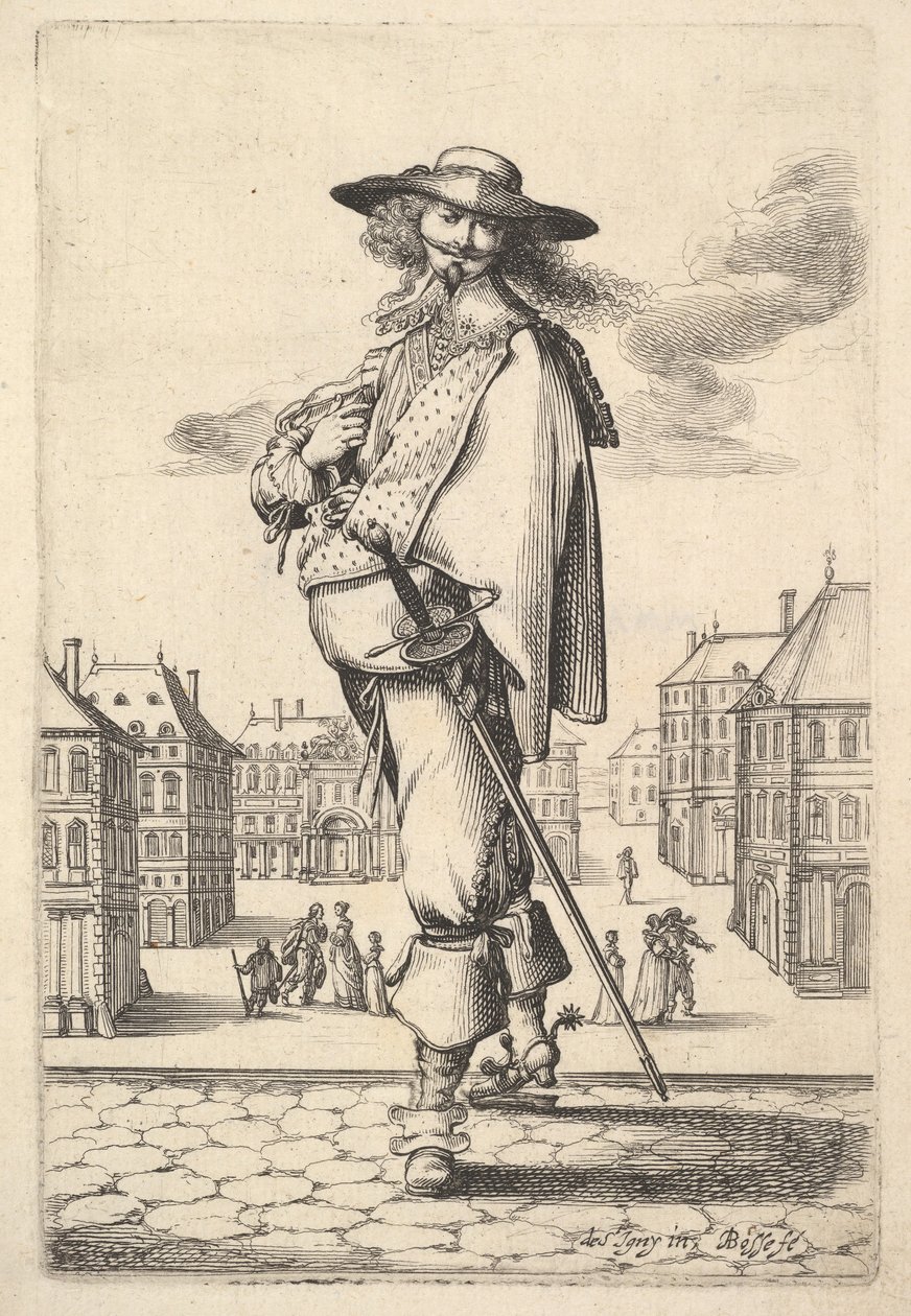 En herre, vendte tre fjerdedele til venstre, iført hat og støvler med sporer, carryi..., 1629. af Abraham Bosse