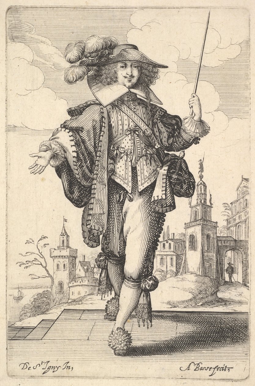 En herre, der går frem, med højre arm strakt ud og en pisk i venstre hånd..., 1629. af Abraham Bosse