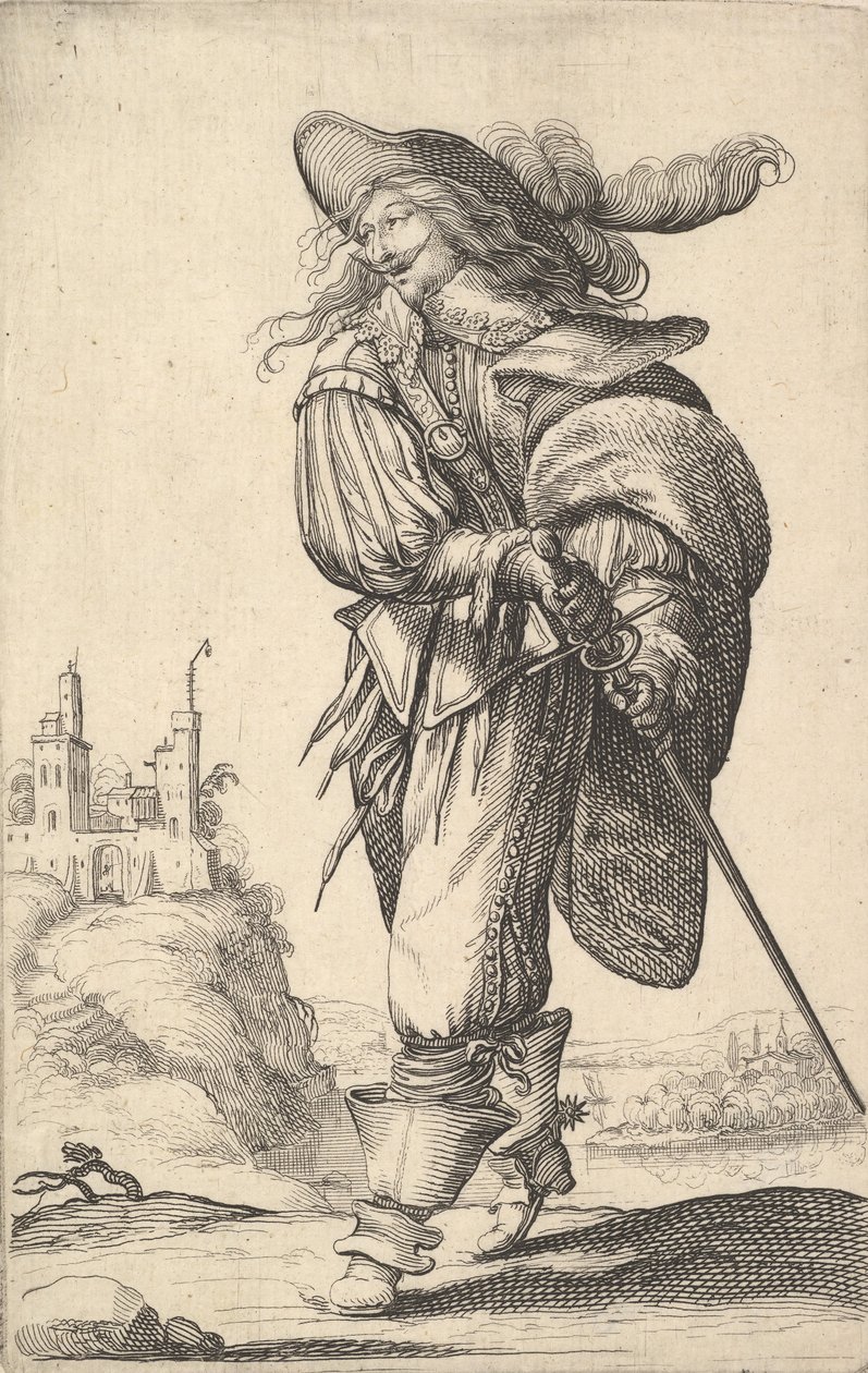 En herre, der går mod venstre og trækker sit sværd fra skeden, iført en plu..., 1629. af Abraham Bosse