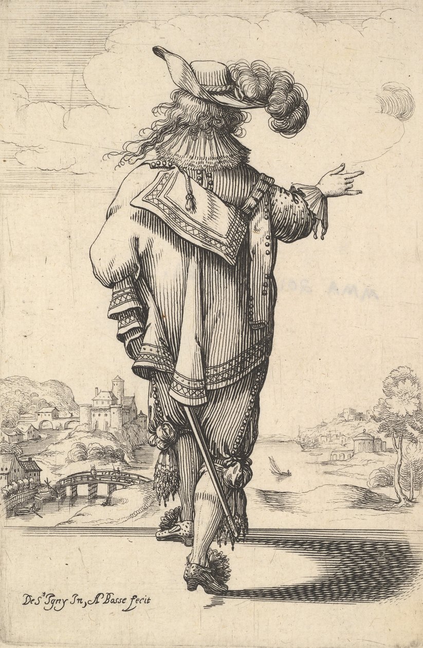 En herre iført en plymerhat og bærende et sværd, set bagfra, med højre arm ud..., 1629. af Abraham Bosse