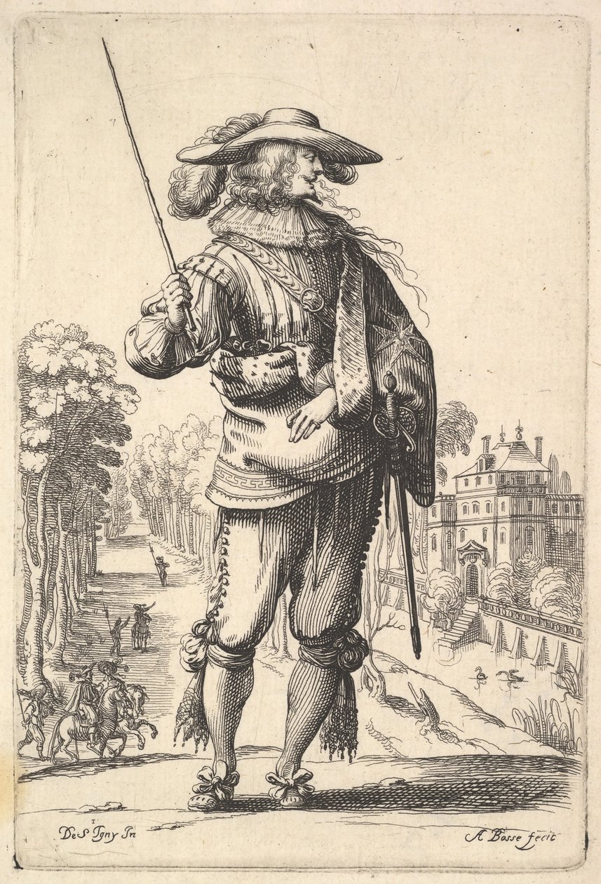 En herre med hovedet vendt mod højre i profil, iført en plymerhat og en ..., 1629. af Abraham Bosse