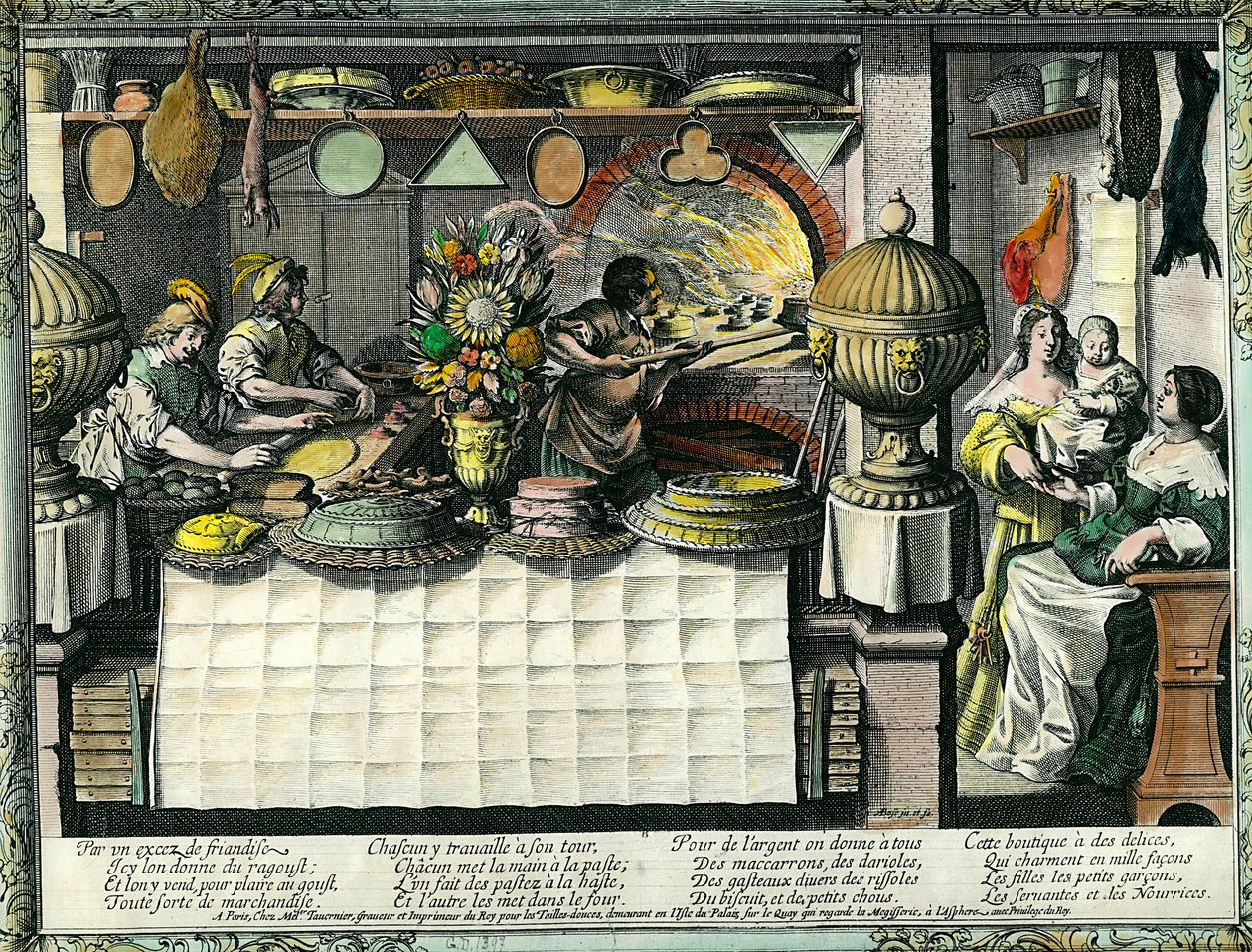 En konditori i det 17. århundrede: bagbutikken, hvor bagere og konditorer laver og tilbereder kager og brød, og kunder i butikken. Kageform hænger på væggen. Gravering af Abraham Bosse (1602-1676) af Abraham Bosse