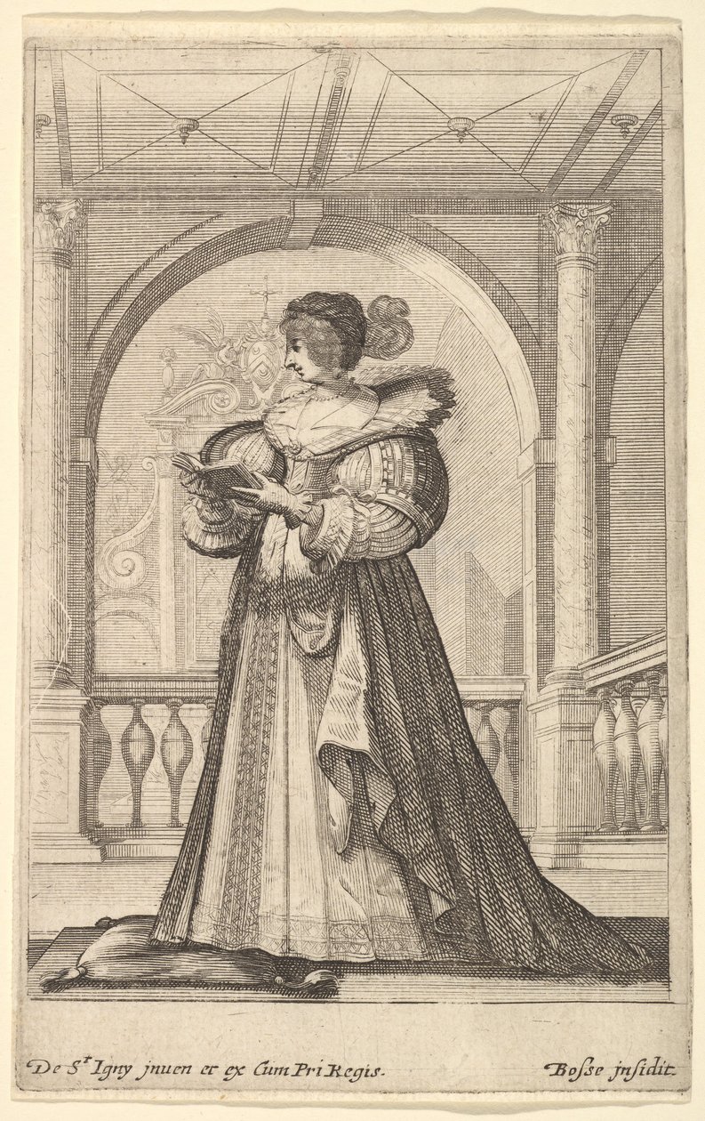 En kvinde stående, vendt mod venstre i profil, iført hat og blondekrave, læser..., ca. 1629. af Abraham Bosse
