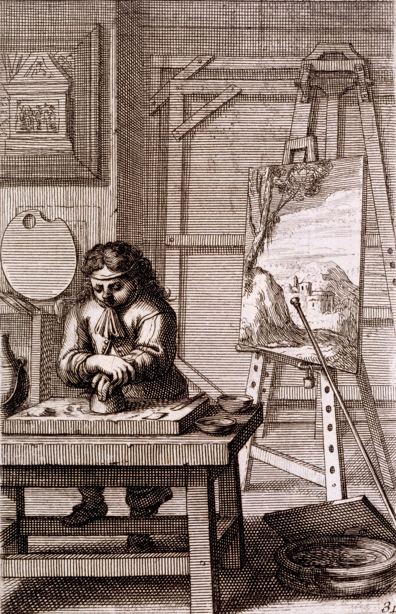 En kunstners lærling renser en graveringsplade, fra 