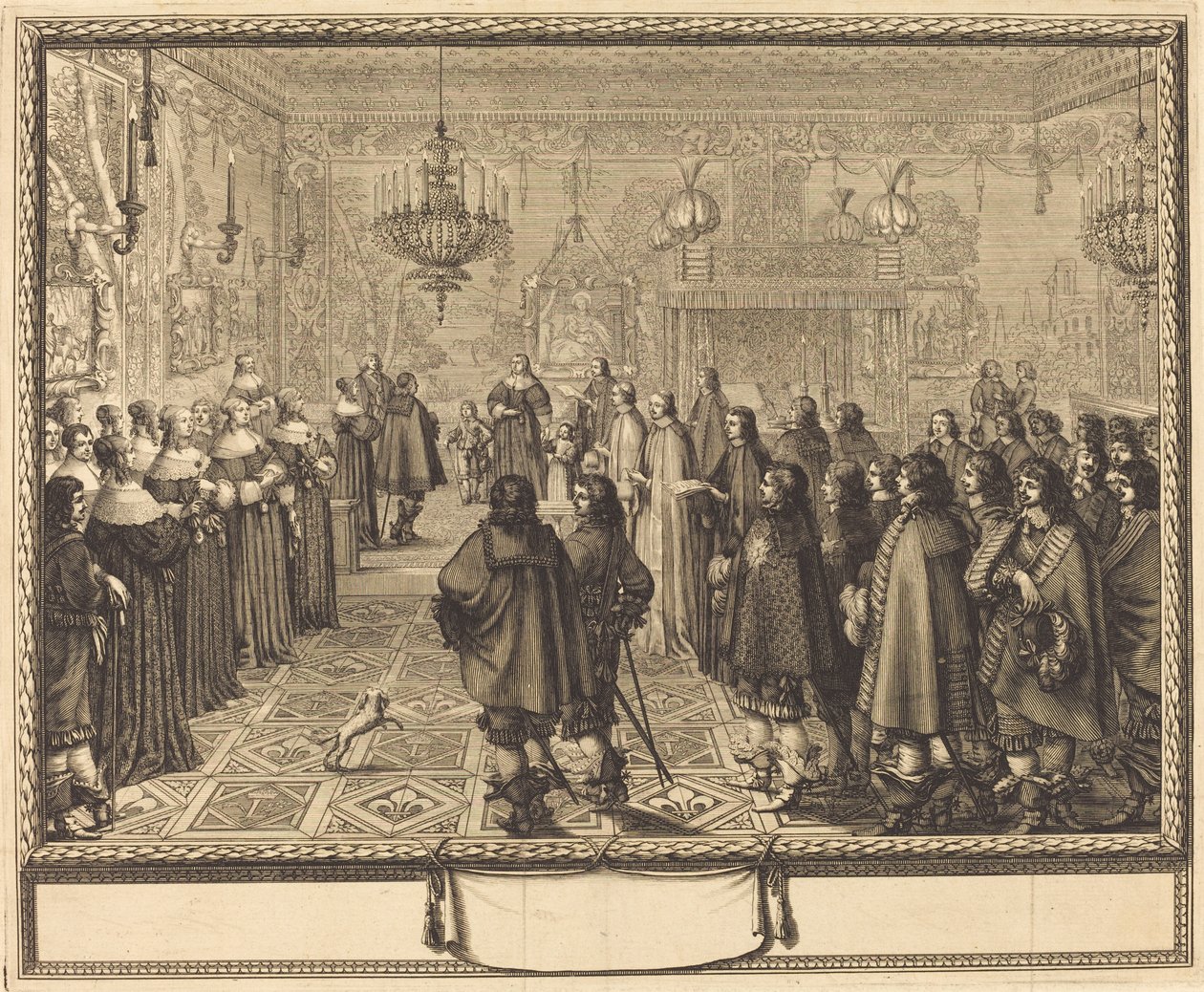 Ceremoni for ægteskabskontrakten mellem Vladislas IV, konge af Polen, og LouiseMarie af Gonzaga, prinsesse af Mantua, i Fontainbleau af Abraham Bosse