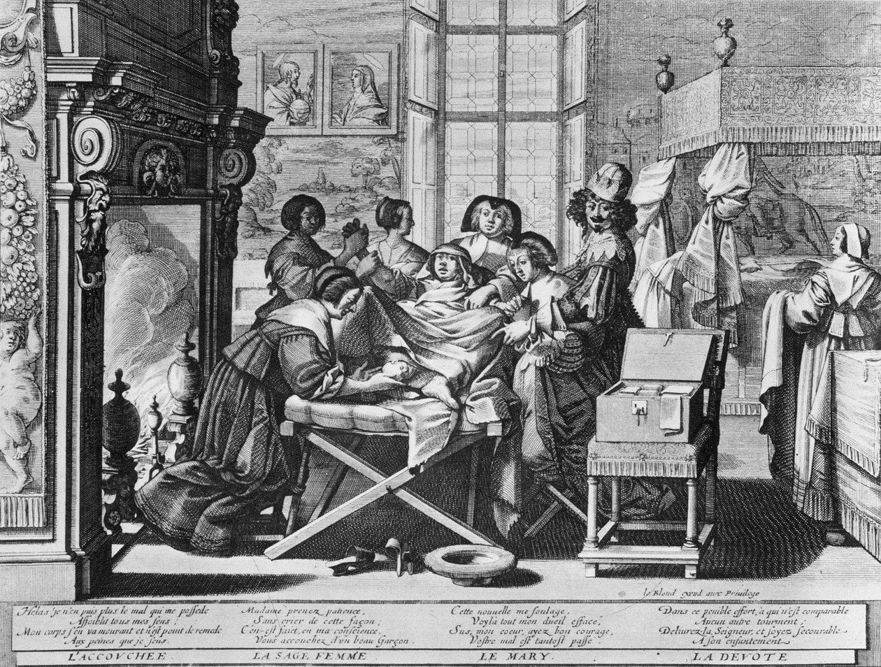 Gravureserie (vandforte) med titlen "Ægteskab til byen" fra 1633 af Abraham Bosse - "Fødsel": på arbejdslejet. af Abraham Bosse