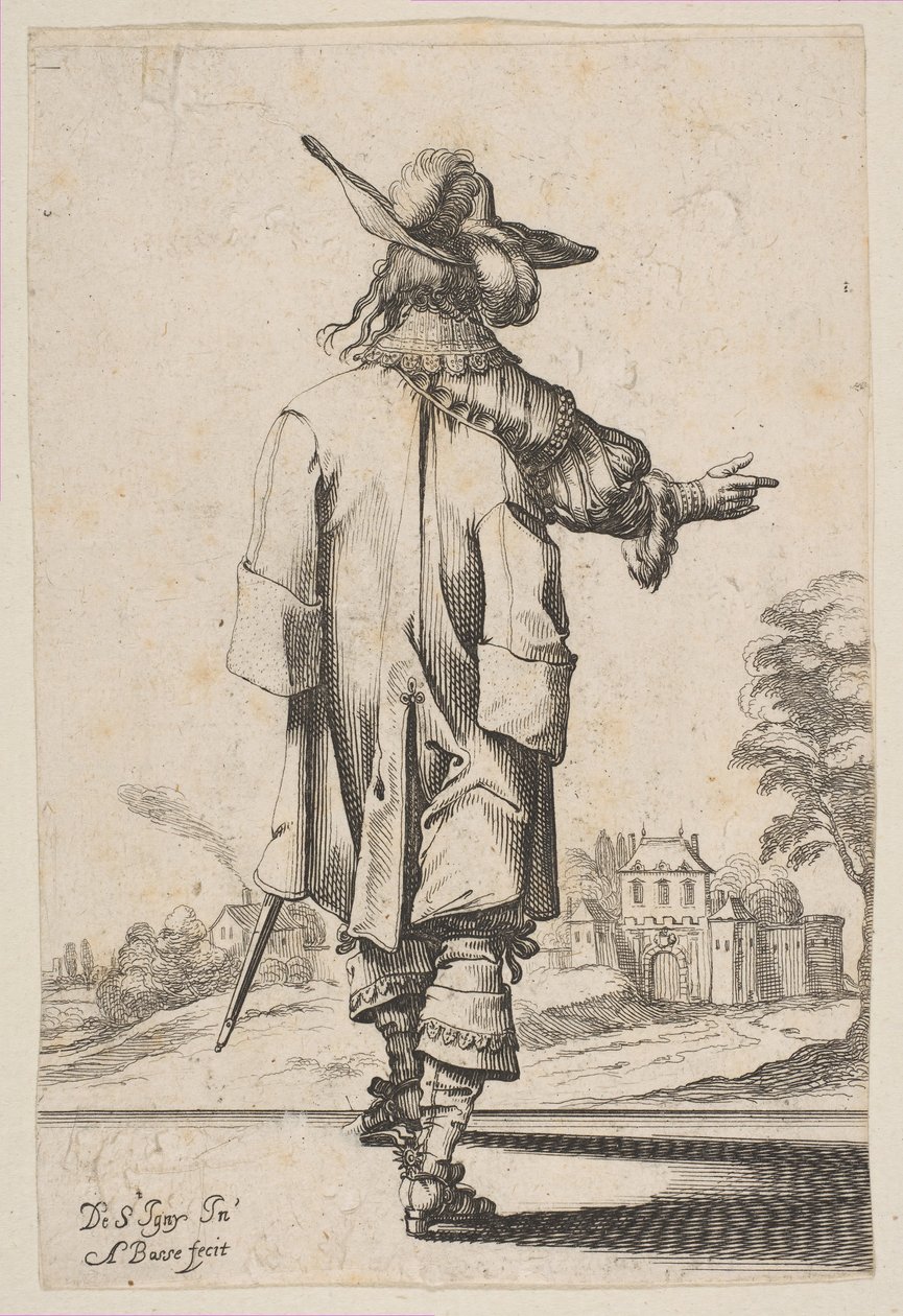 Gentleman set bagfra og peger mod et slot, 1629. af Abraham Bosse