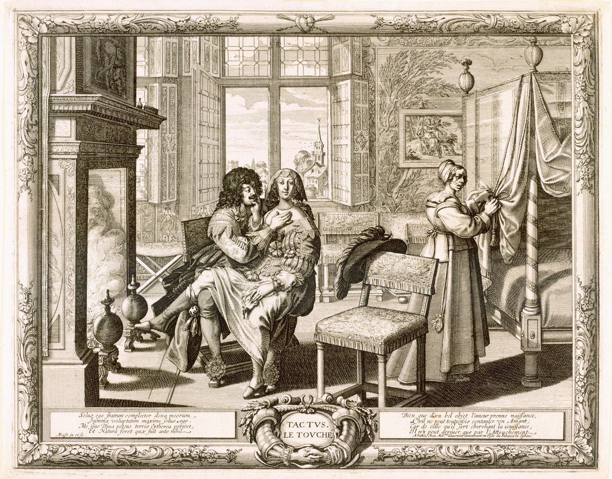 Mand med kone siddende på knæ ved pejs, Bosse, Abraham (1602-76) af Abraham Bosse