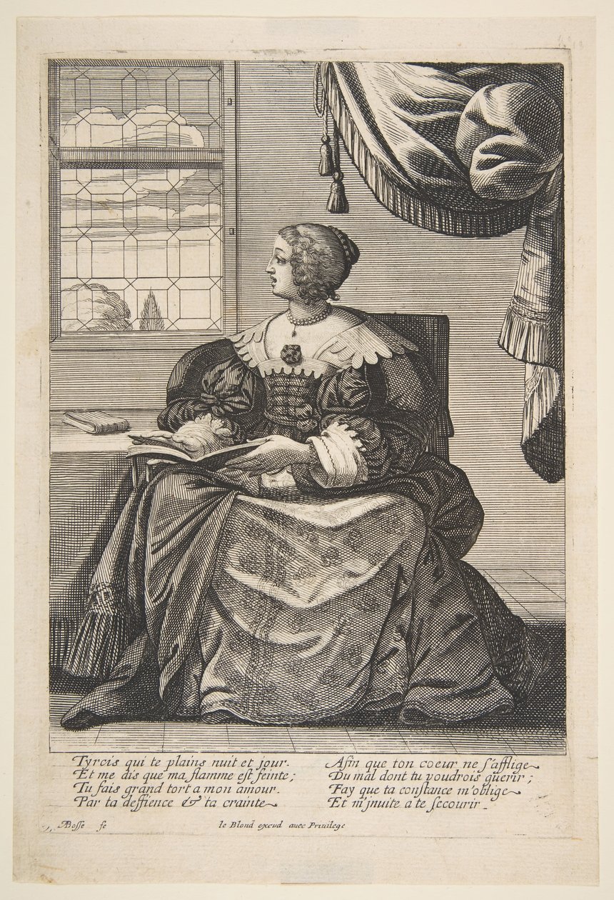 Siddende kvinde holder en bog og synger, midten til slutningen af det 17. århundrede. af Abraham Bosse