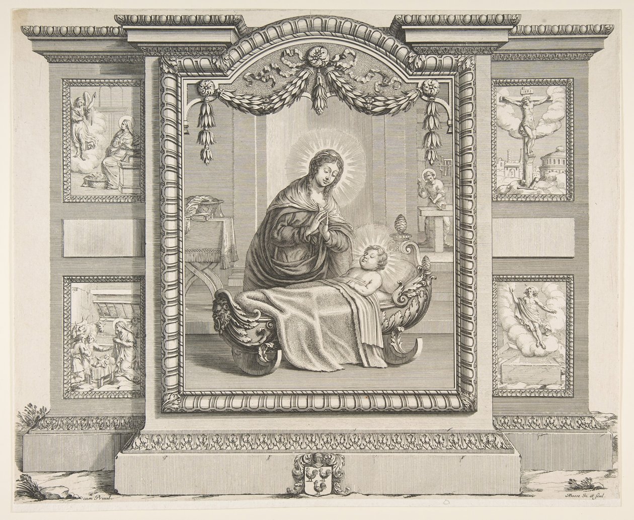 Fødselen med scener af bebudelsen, hyrdernes tilbedelse, korsfæstelsen..., 1620-76. af Abraham Bosse
