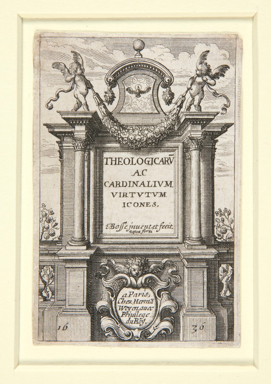 Titelside med ikoner for teologiske og kardinaldyder af Abraham Bosse