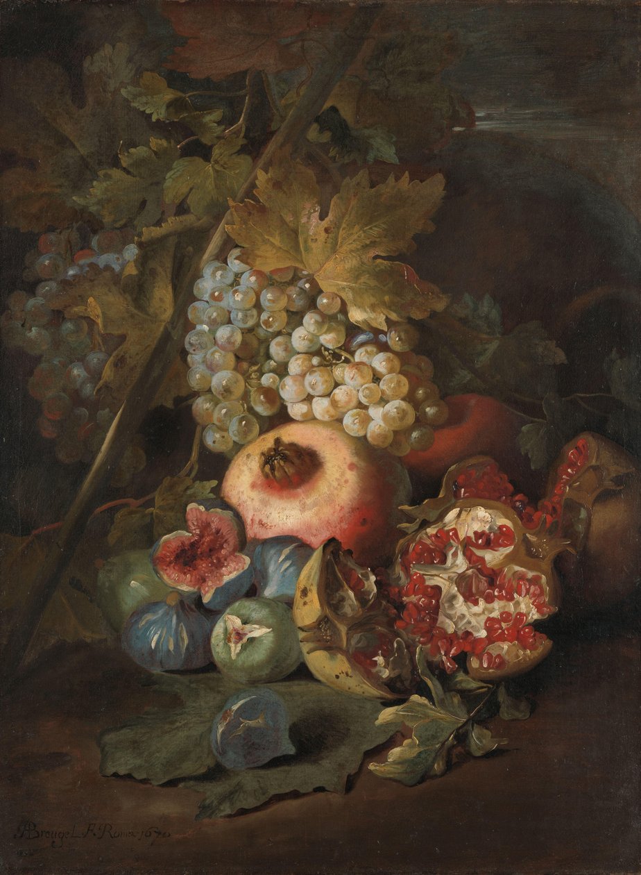 Klaser af druer, granatæbler og figner i et landskab af Abraham Brueghel