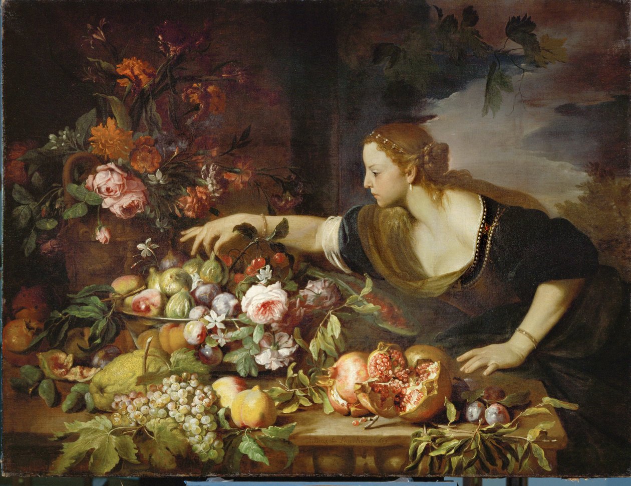 Femme prenant des fruits - en kvinde, der tager frugt ... af Abraham Brueghel