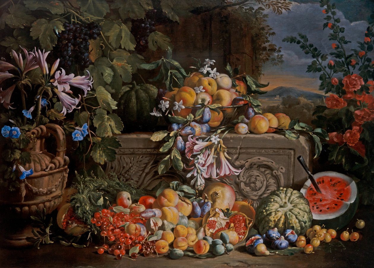 Stilleben med kirsebær, vandmelon, ferskner, abrikoser, blommer, granatæbler og figurer af Abraham Brueghel