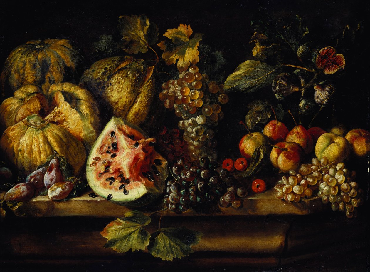Stilleben af vandmelon, druer, blommer, ferskner, kirsebær og anden frugt på en afsats af Abraham Brueghel