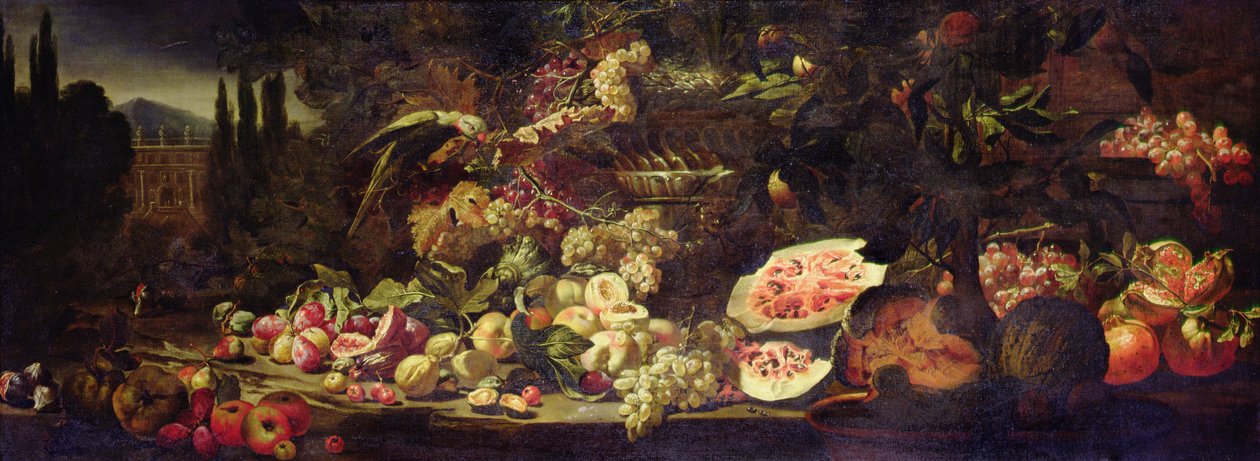 Stilleben af frugt med en grøn papegøje og en sølvvase af Abraham Brueghel