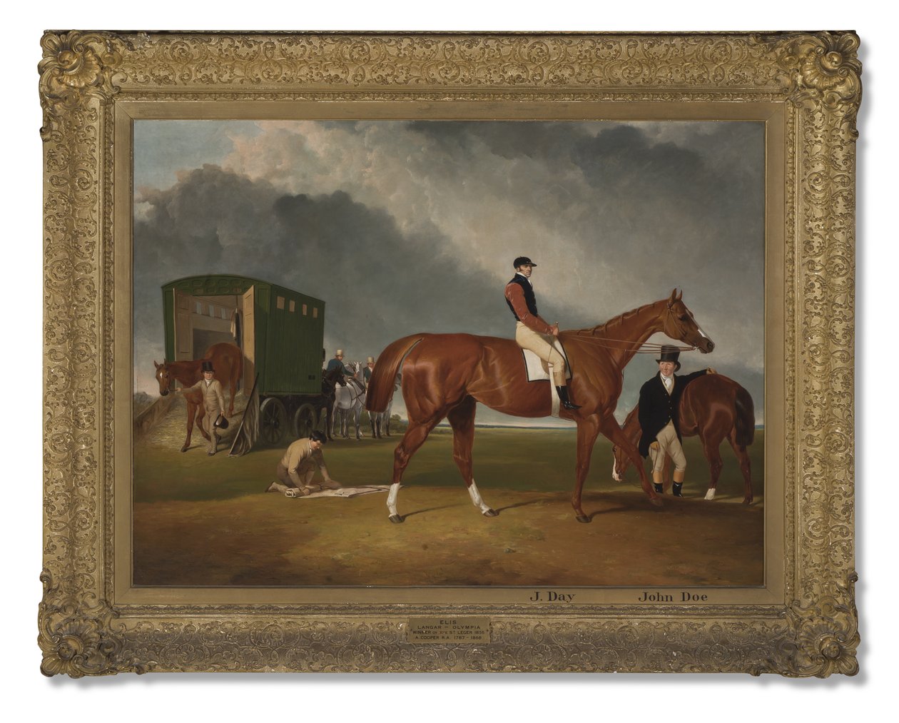 Portræt af Lord George Bentincks Horse Elis med rytter, John Day, og træner, John Doe, Doncaster, 1836 af Abraham Cooper
