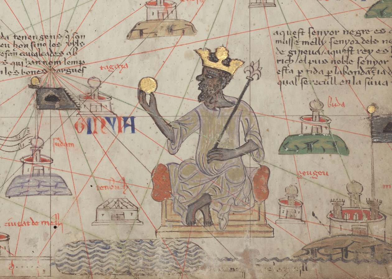 Detalje fra det catalanske atlas, ark 6, der viser Mansa Musa på tronen, 1375 af Abraham Cresques