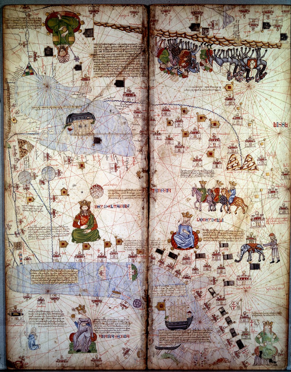 Kortlægning: Kort over Cathay (Catai) antikke navn på det mongolske Kina i Centralasien og Europa. Der er: Delhi (Indien), med Aralhavet, Volga-floden, Det Kaspiske Hav, Kaukasus, Eufrat, Den Arabiske Halvø og byerne Dehli (Indien) (med t. af Abraham Cresques