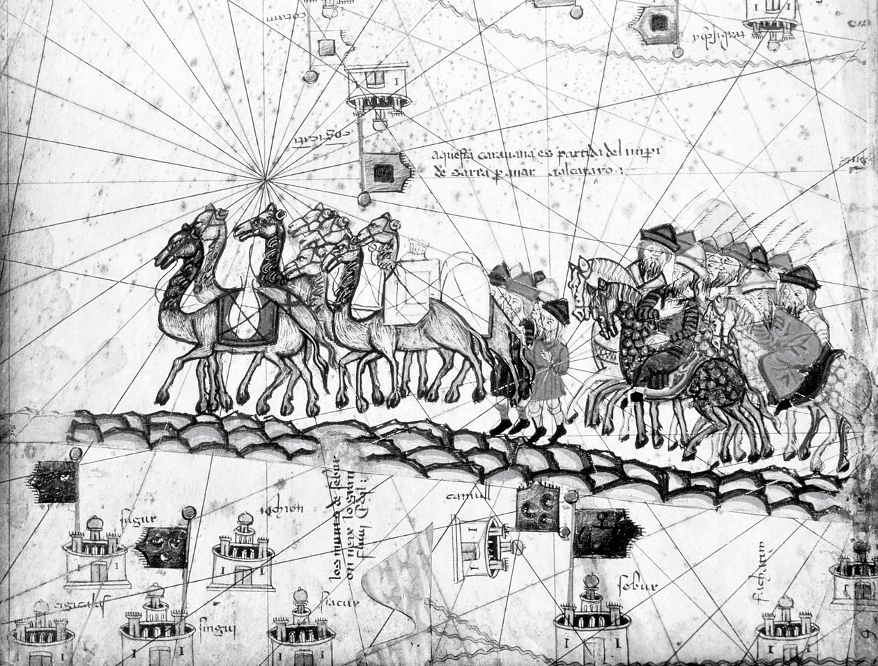 Ms Esp 20 panel 4, Købmænd på vej til Cathay, Kina, i Marco Polos fodspor, detalje med Marco Polos familie, der rejser med kamelkaravane, fra Catalan Atlas udgivet for Charl af Abraham Cresques