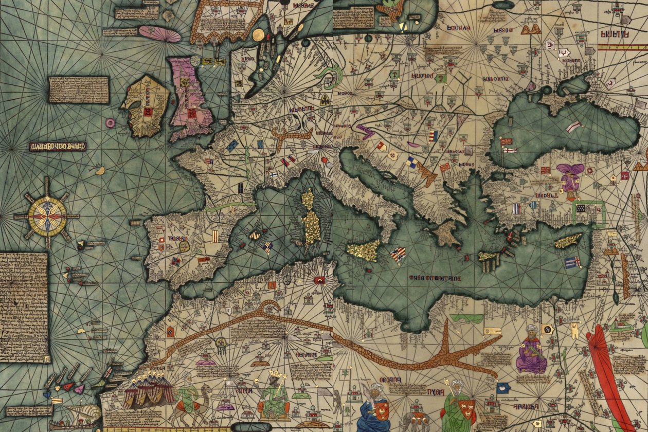 Nordafrika, Europa og Mellemøsten fra det catalanske atlas af Abraham Cresques