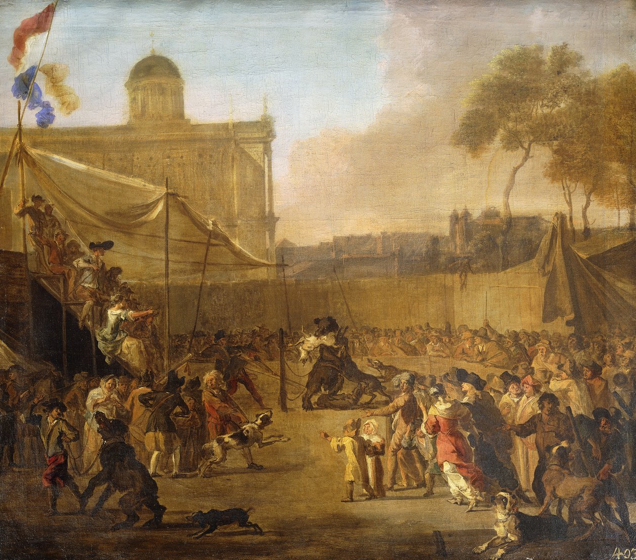 En skare, der ser bjørne-lokker på en byplads, af Abraham Danielsz. Hondius
