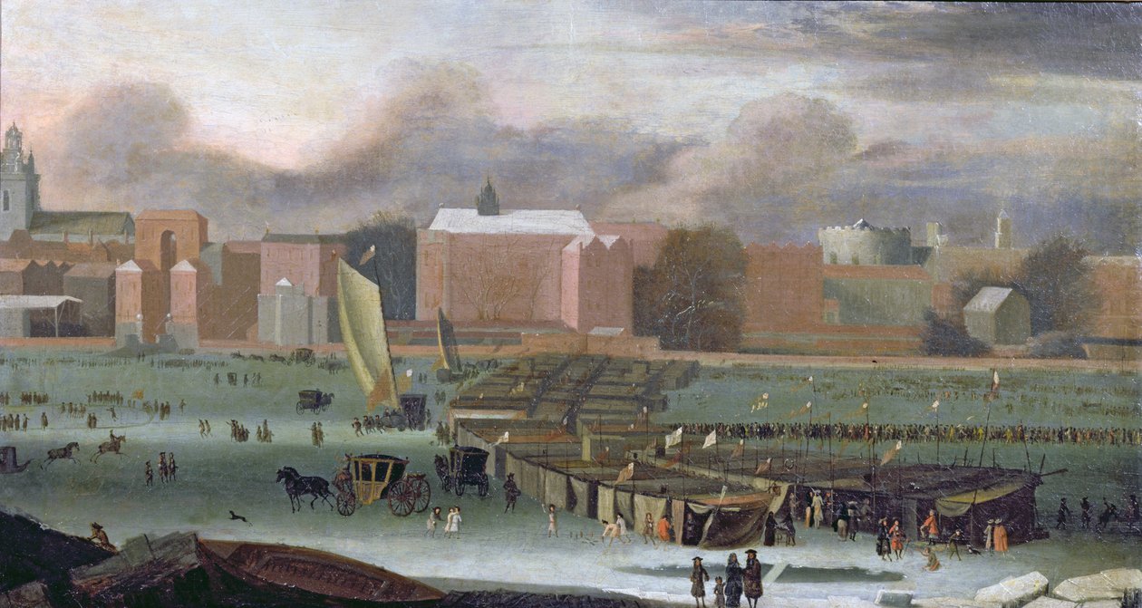En frostmesse på Themsen ved Tempeltrapper, ca. 1684 af Abraham Danielsz. Hondius