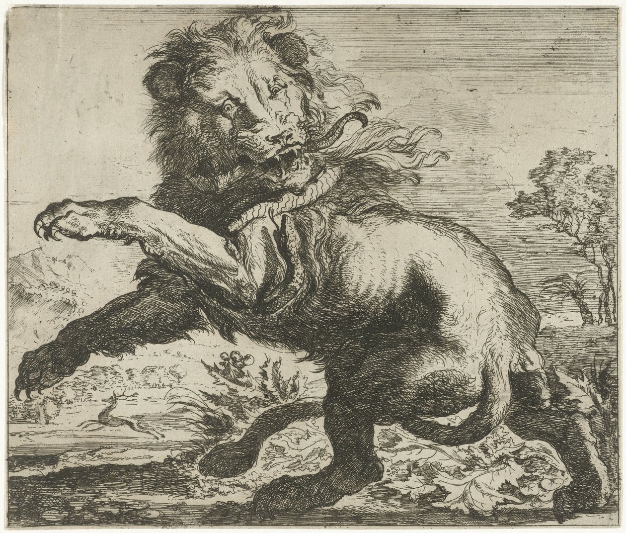 Løve og slange kæmper Forskellige dyr (serietitel) af Abraham Danielsz. Hondius