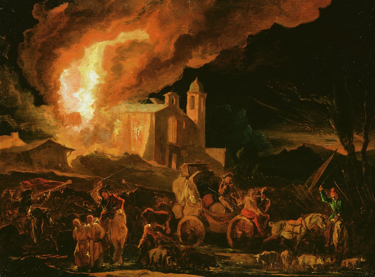 Soldater plyndrer et brændende kloster (olie på panel) af Abraham Danielsz. Hondius