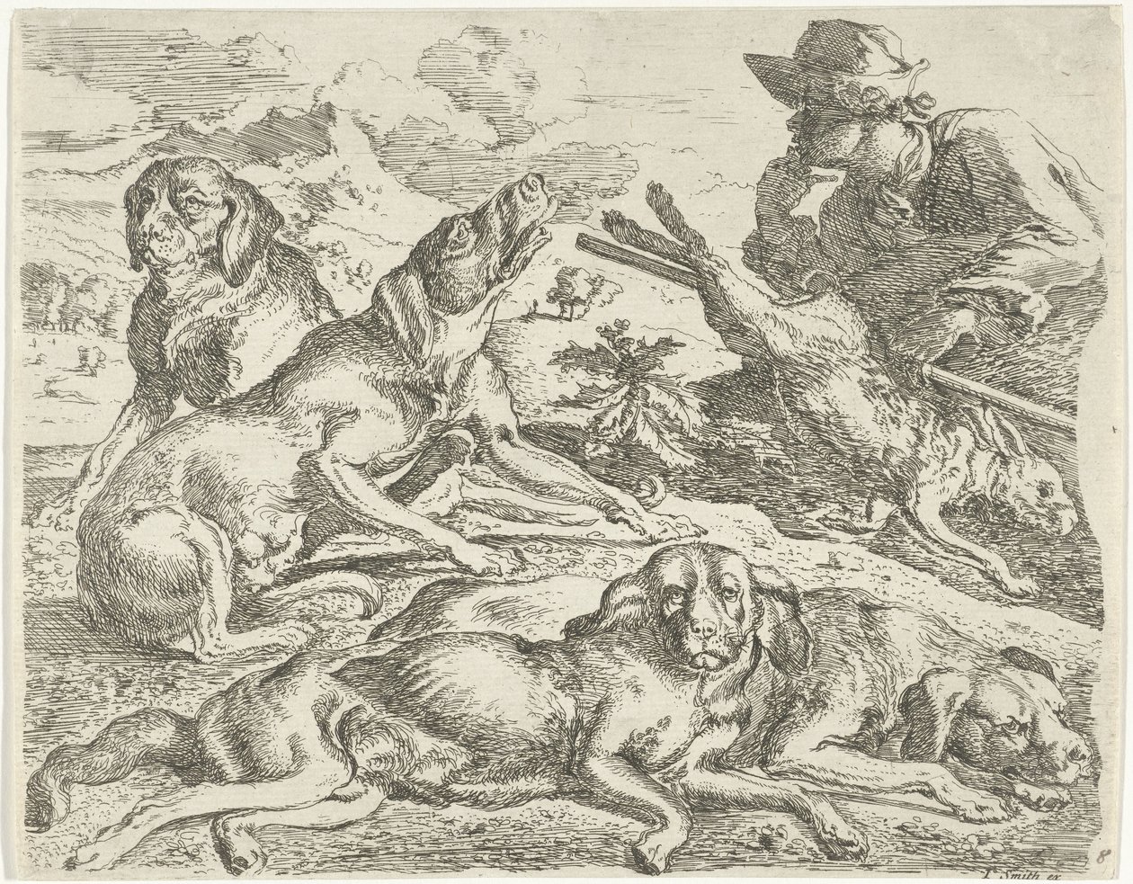 Fire hunde, en jæger og en hare af Abraham Danielsz. Hondius