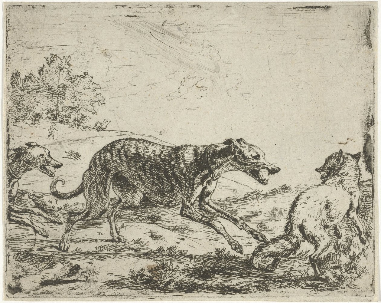 Fox og de tre hunde af Abraham Danielsz. Hondius