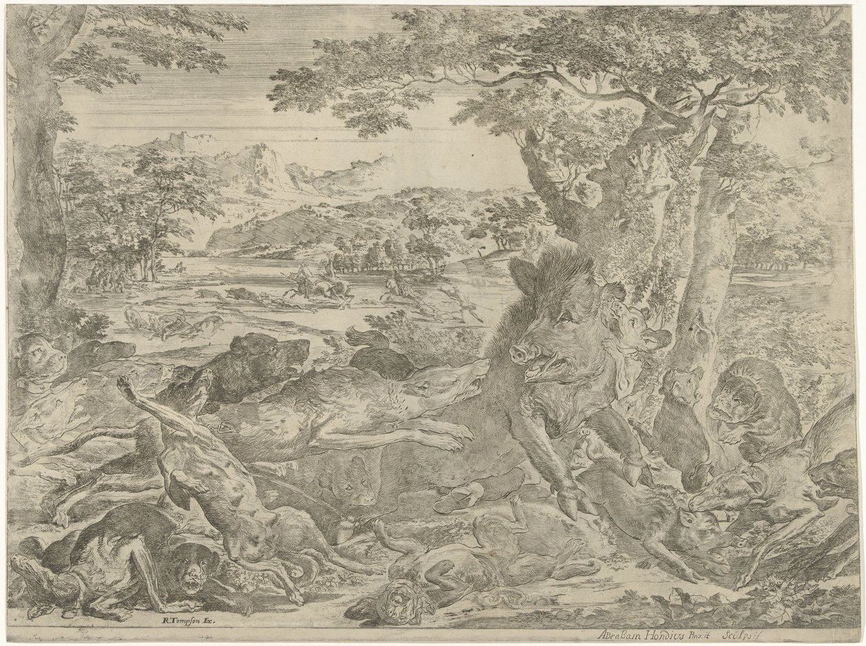 Vildsvin angrebet af hunde af Abraham Danielsz. Hondius