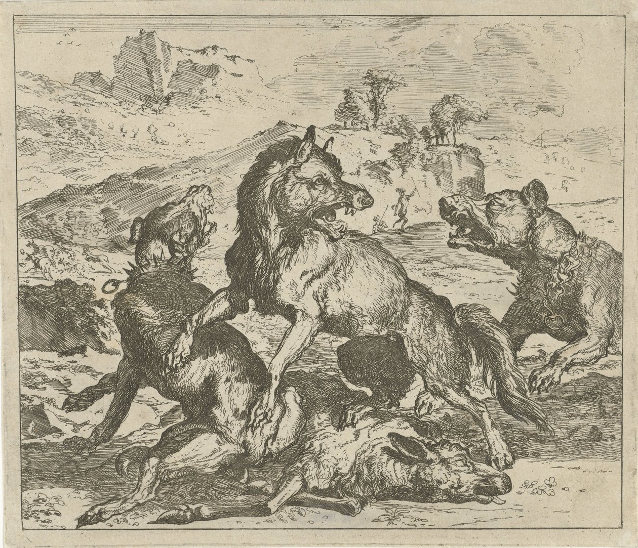 Ulv angrebet af hunde Forskellige dyr (serietitel) af Abraham Danielsz. Hondius