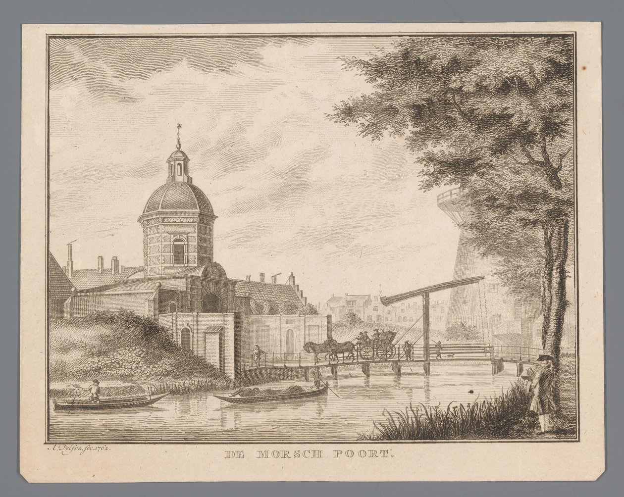 Udsigt over Morspoort i Leiden Morsch-porten (titel på objekt) af Abraham Delfos