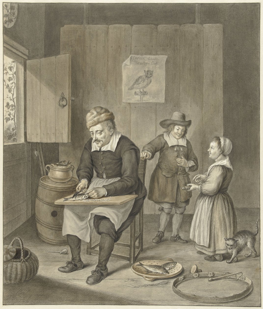 Interiør med en mand der renser fisk og to børn af Abraham Delfos
