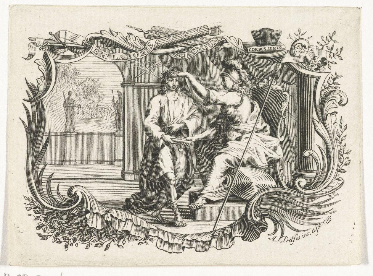 Minerva belønner eller ærer mennesket for hans arbejde, i kartouche af Abraham Delfos