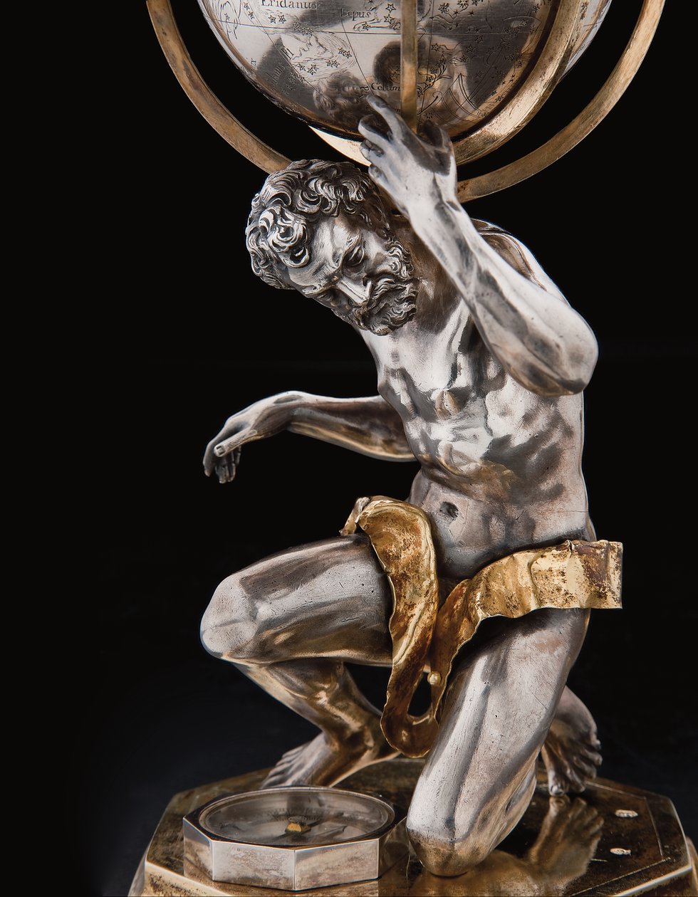 To enestående jord- og himmelkloder, støttet af Hercules og Atlas, Augsburg, 1697-99 af Abraham Drentwett