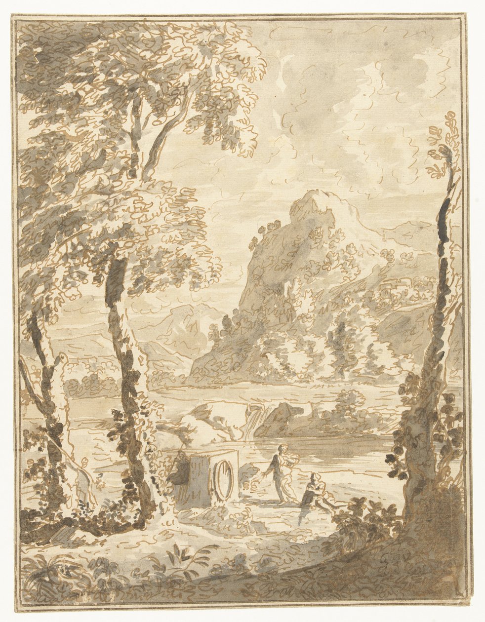 Arkadisk landskab med små figurer af Abraham Genoels (II)