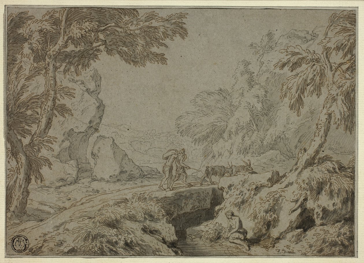 Landskab med satyr, geder og andre figurer af Abraham Genoels II