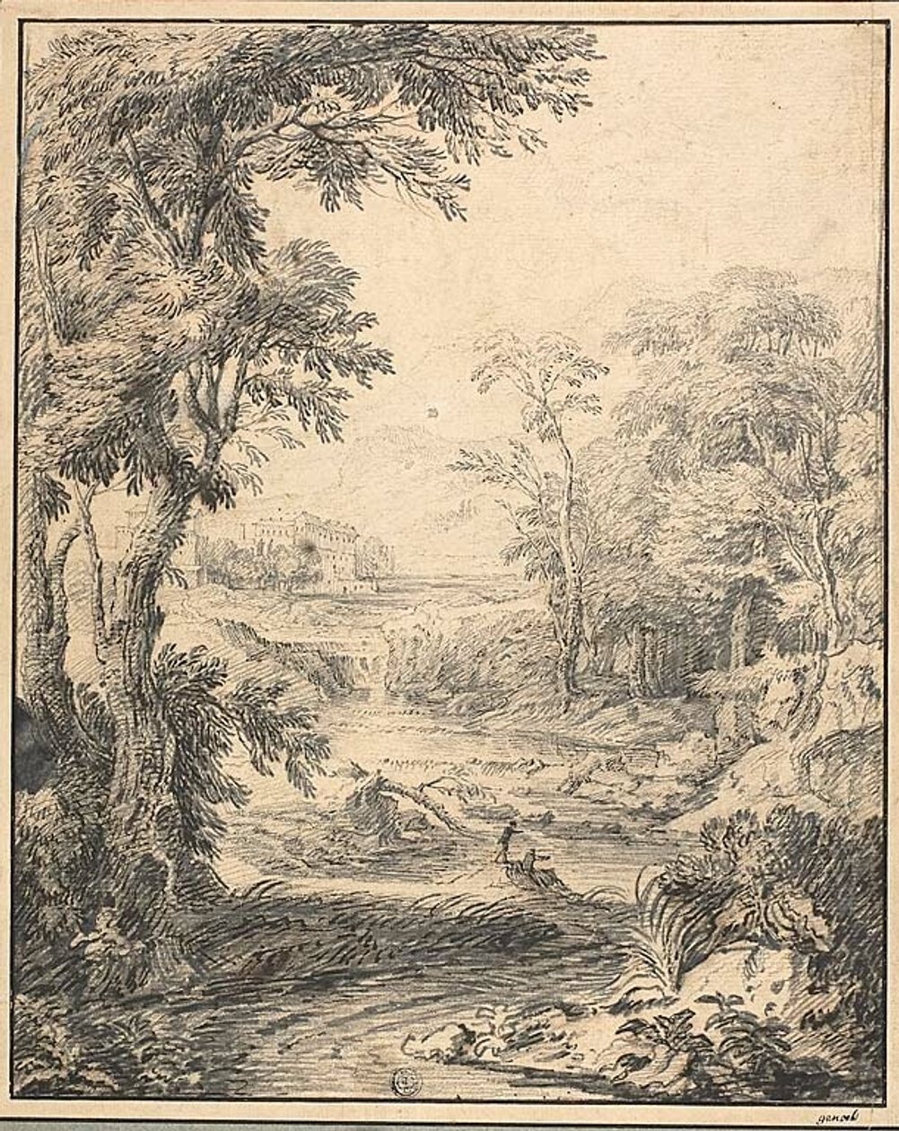 Flodlandskab med to figurer i forgrunden og et slot i det fjerne af Abraham Genoels II
