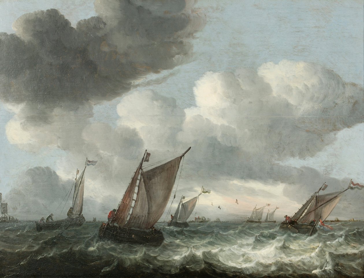 Fiskerbåde ud for kysten i et uroligt hav (olie på panel) af Abraham Hendricksz van Beyeren
